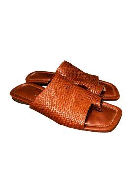 Golo Brown Woven Leather Slide Sandals Womens 9 Square Toe Boho Luxury Designer